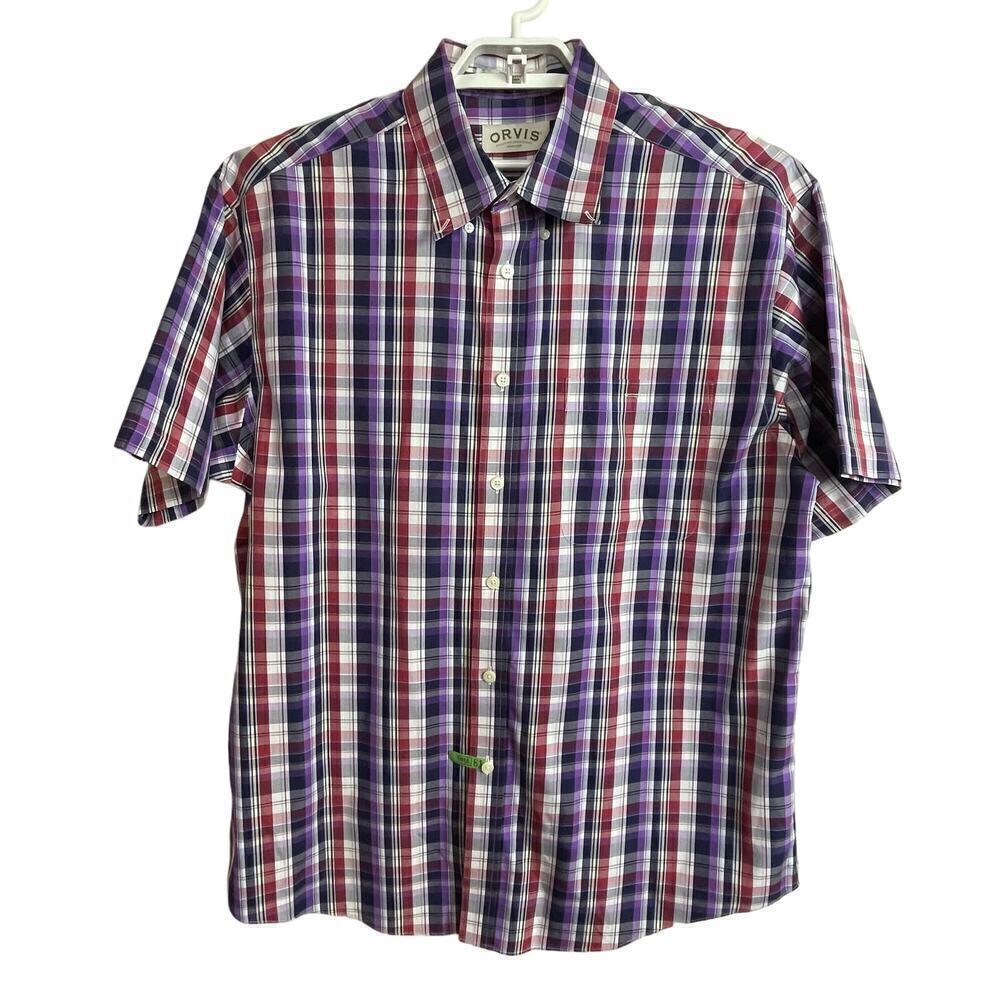 Orvis Short Shirt Men's Size‎ XL Red Blue Purple Check Plaid Sleeve Button Down